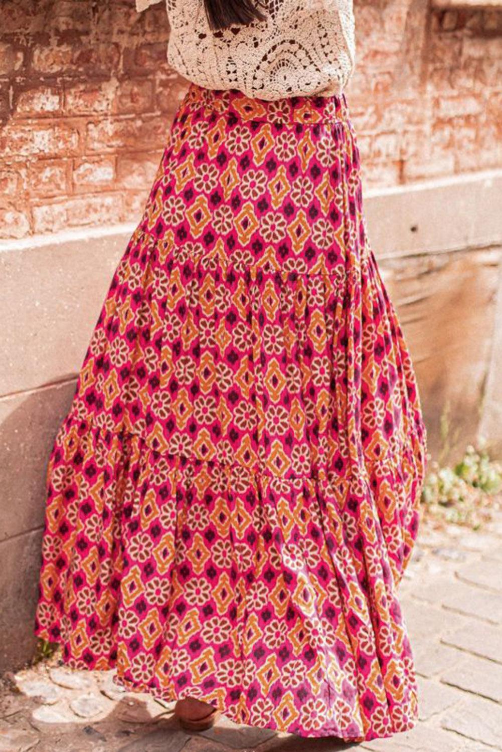 Rose Vintage Boho Floral Print Tiered Maxi Skirt - L & M Kee, LLC