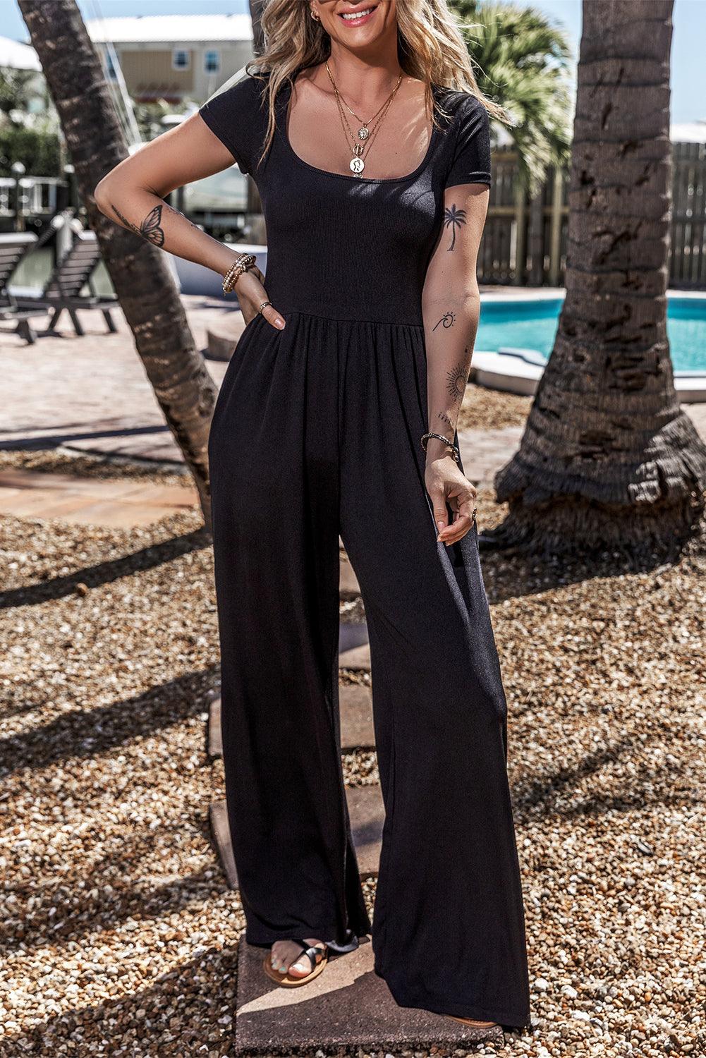 Black Pleated High Waist U Neck Short Sleeve Jumpsuit - L & M Kee, LLC