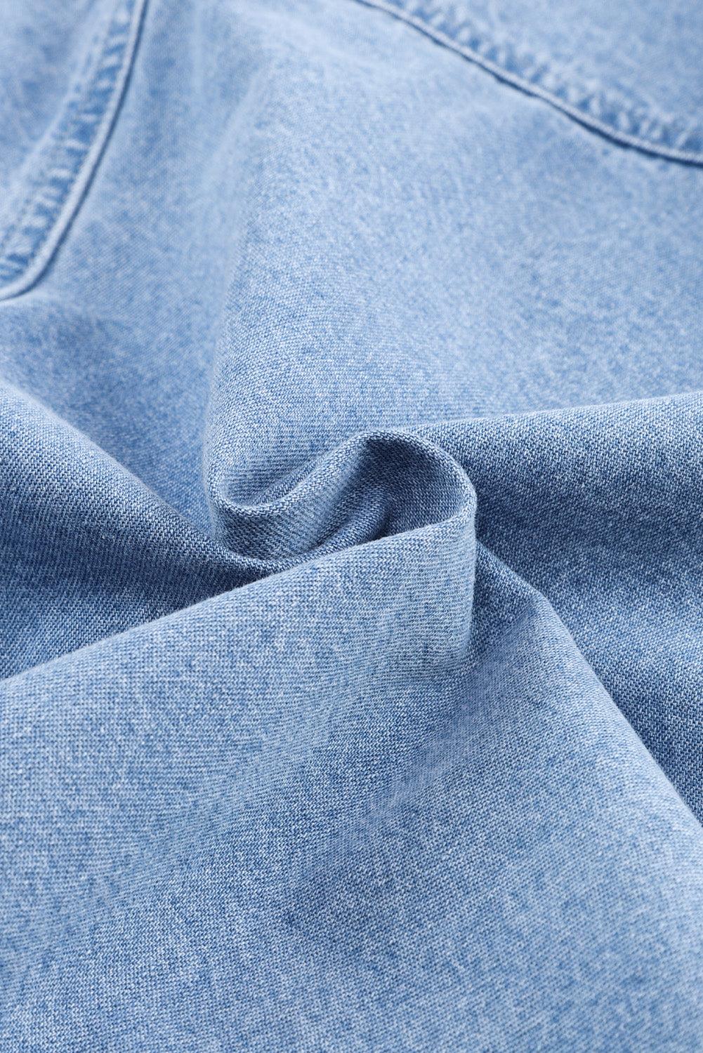 Sky Blue Roll-Up Tab Sleeve Button Down Pocket Denim Jacket - L & M Kee, LLC