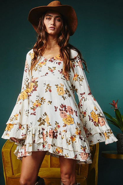 White Printed Floral Print Layered Sleeve Mini Dress - L & M Kee, LLC