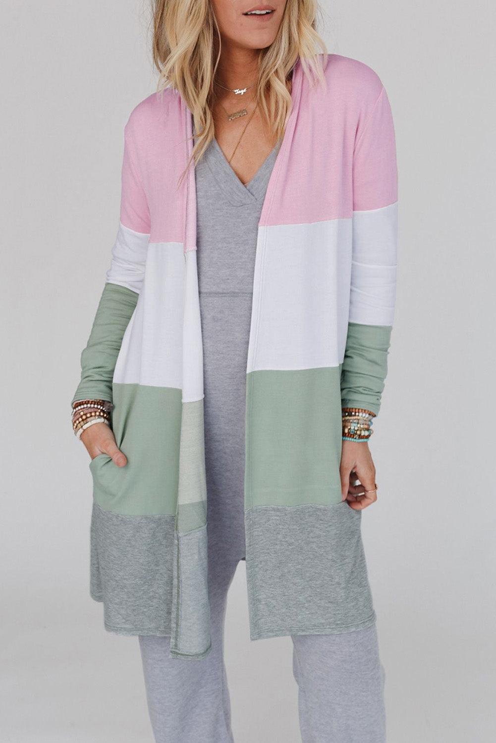 Multicolor Color Block Pocketed Casual Duster Cardigan - L & M Kee, LLC