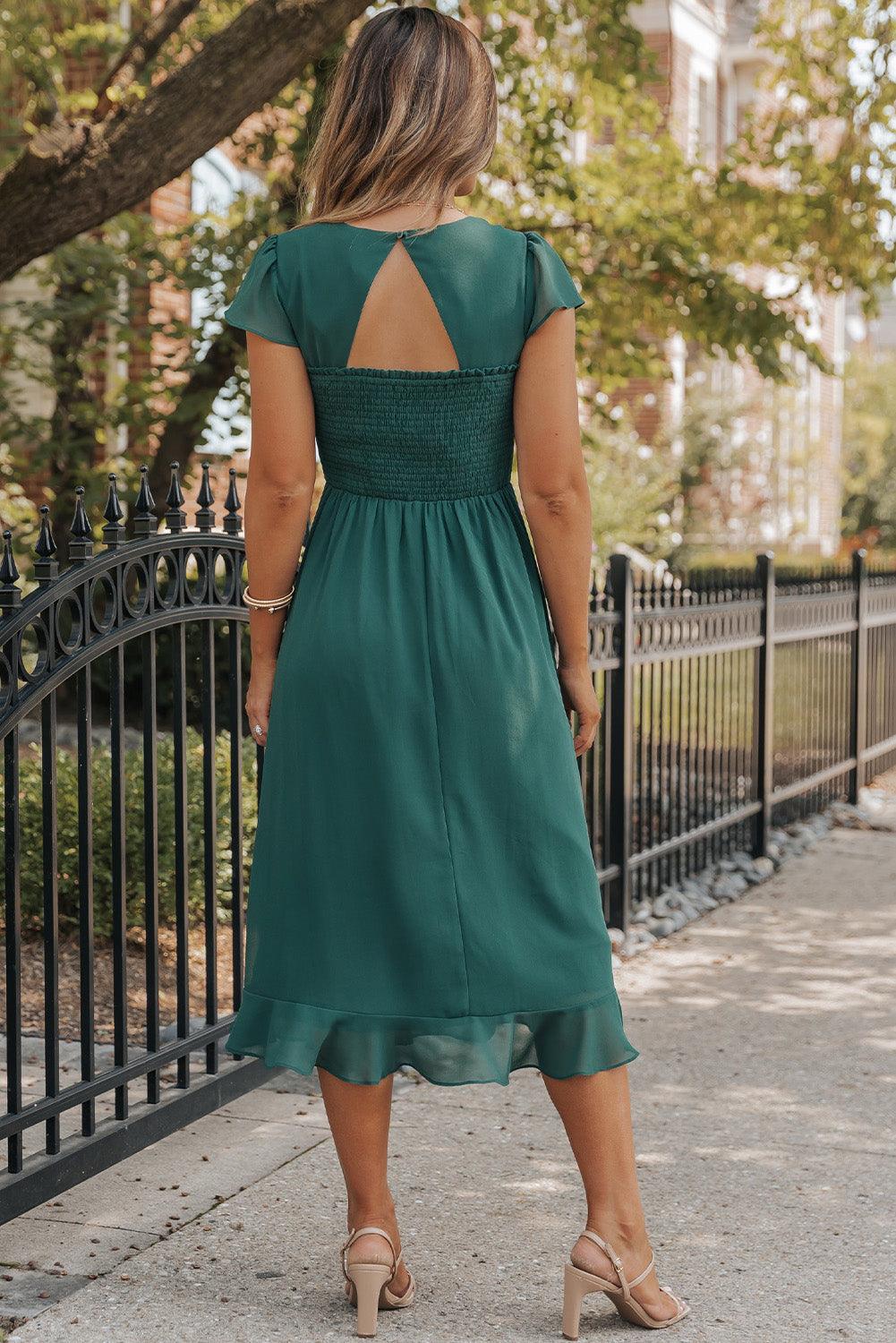 Sea Green Shirred Open Back Sweetheart Neck Ruffled Midi Dress - L & M Kee, LLC