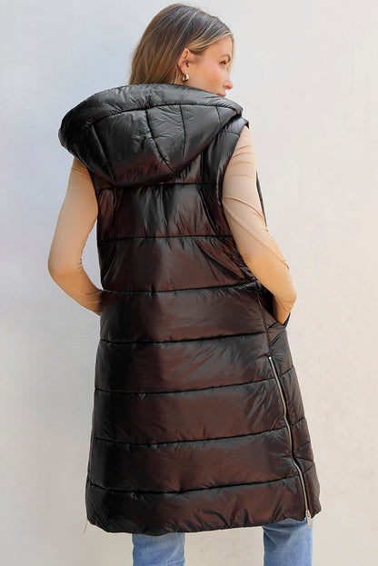 Green Hooded Long Quilted Vest Coat