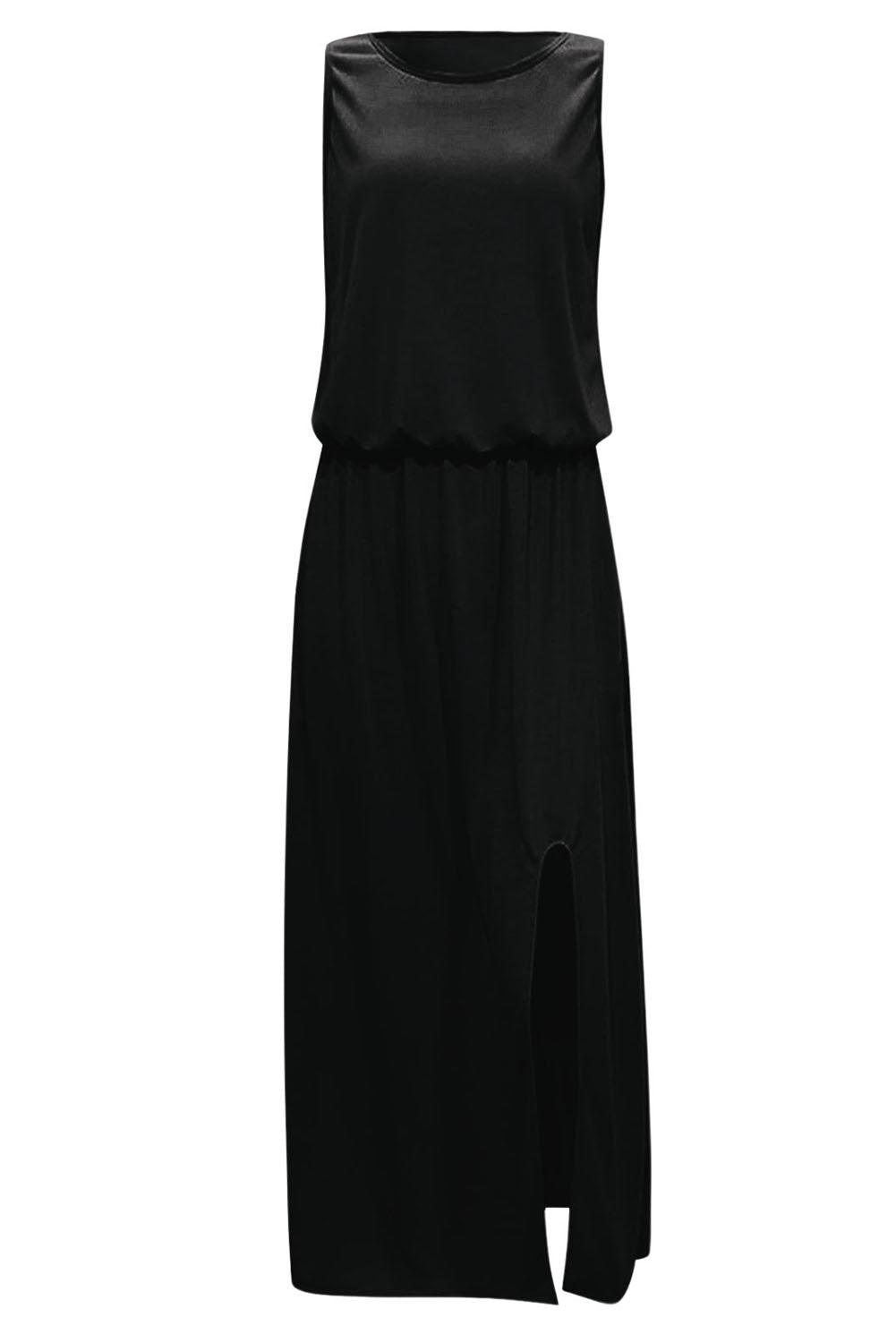 Black Solid Sleeveless Tunic Maxi Dress with Split - L & M Kee, LLC