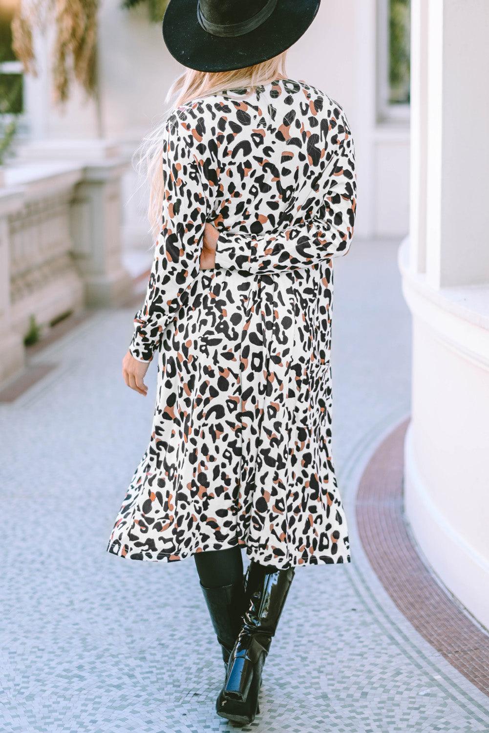 Leopard Pocketed Open Front Duster Cardigan - L & M Kee, LLC