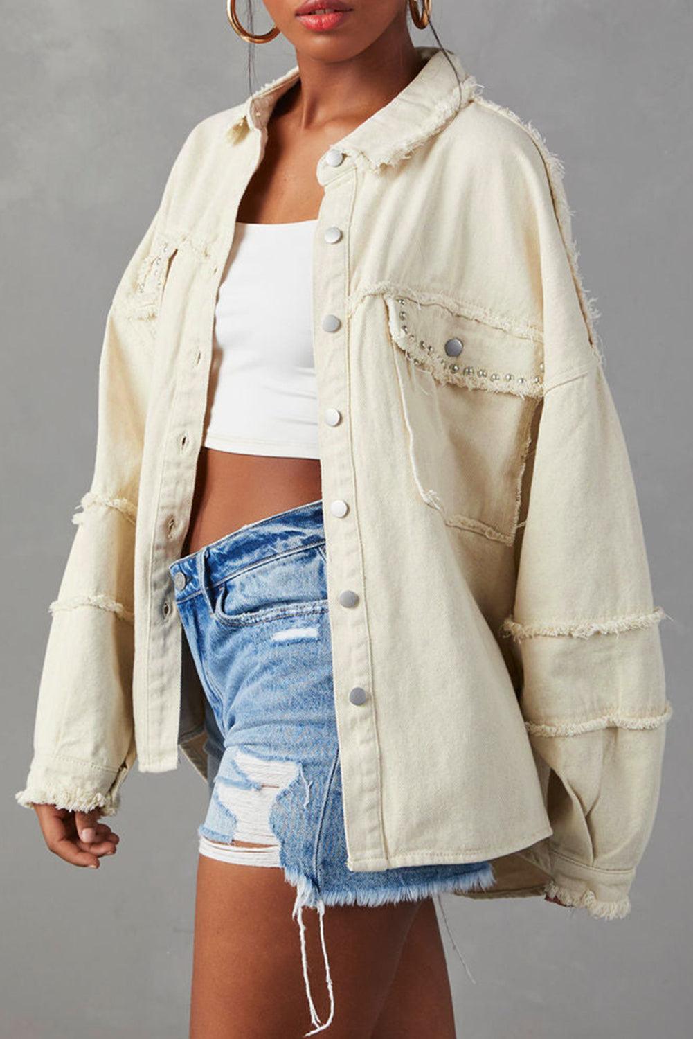 White Frayed Exposed Seam Denim Jacket - L & M Kee, LLC