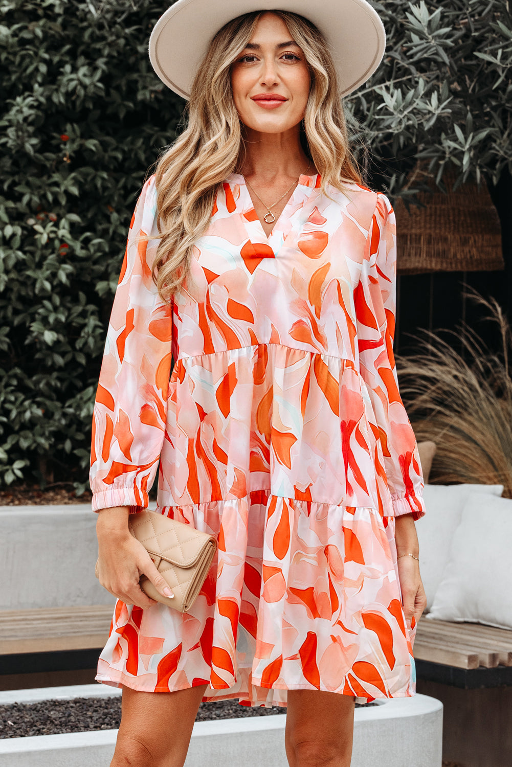 Orange Abstract Print Split Neck Long Sleeve Dress