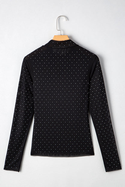 Black Rhinestone Embellished Mesh Long Sleeve Top