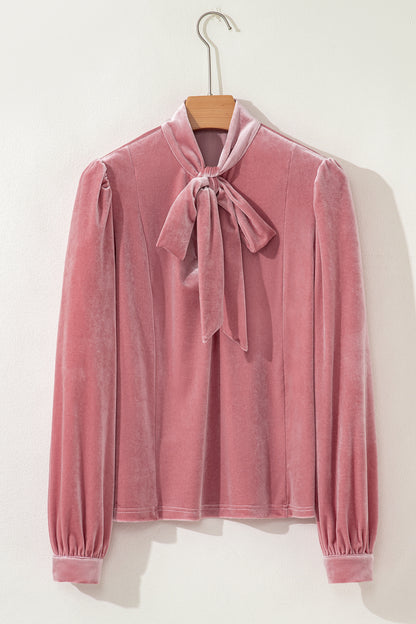 Fushia Solid Color Velvet Ribbon Bow Knot Long Sleeve Blouse