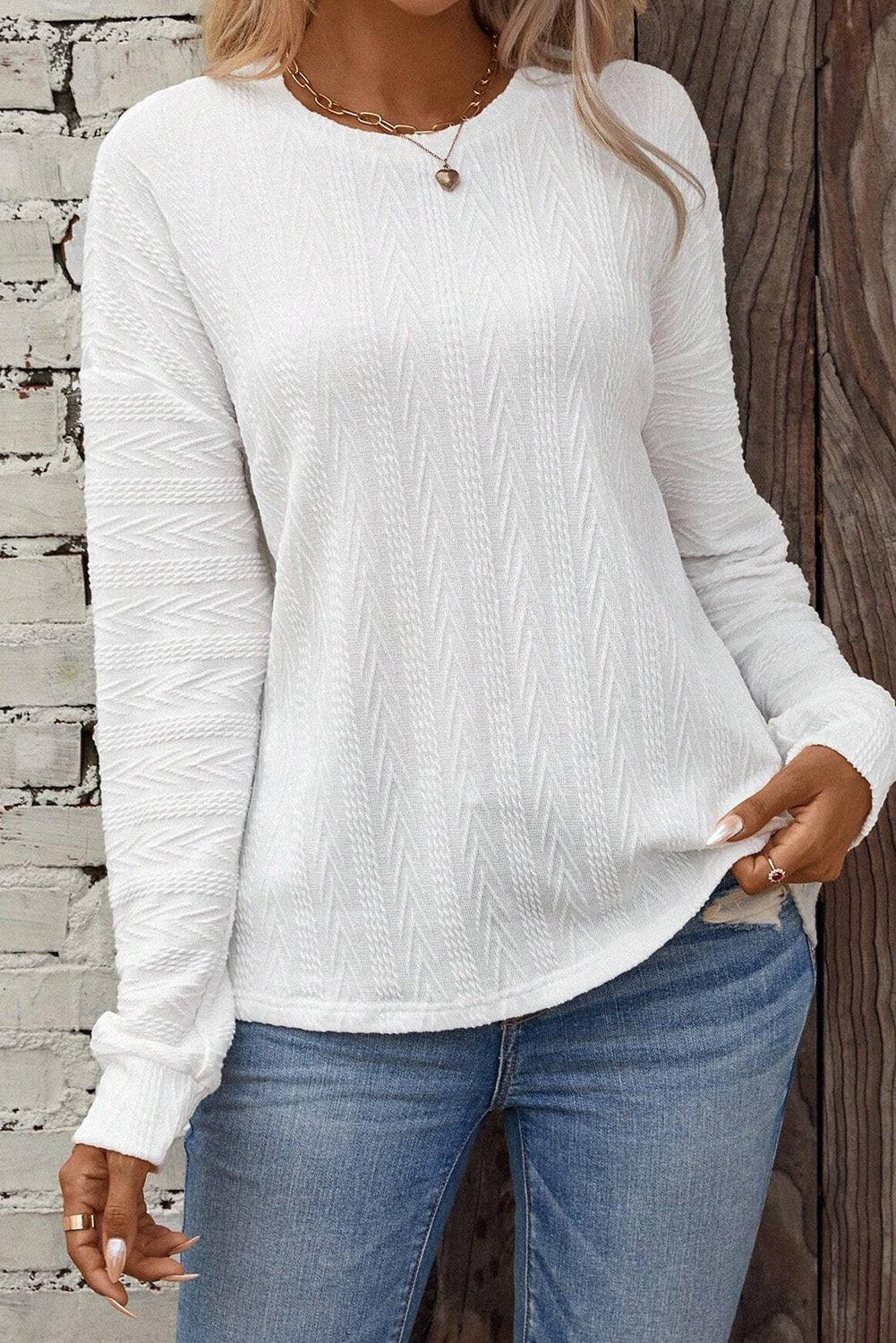 White Round Neck Drop Shoulder Textured Knit Top - L & M Kee, LLC