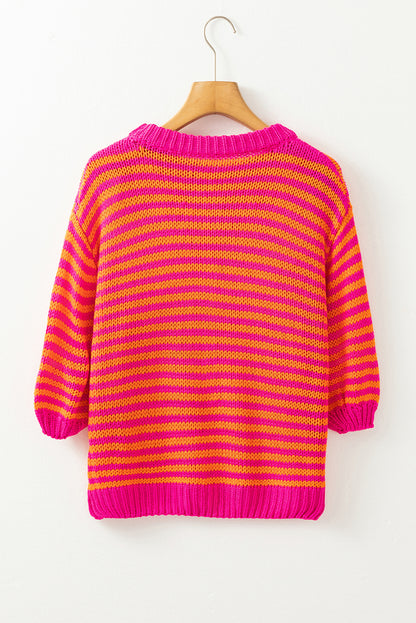 Rose Stripe 3/4 Puff Sleeve Drop Shoulder Sweater