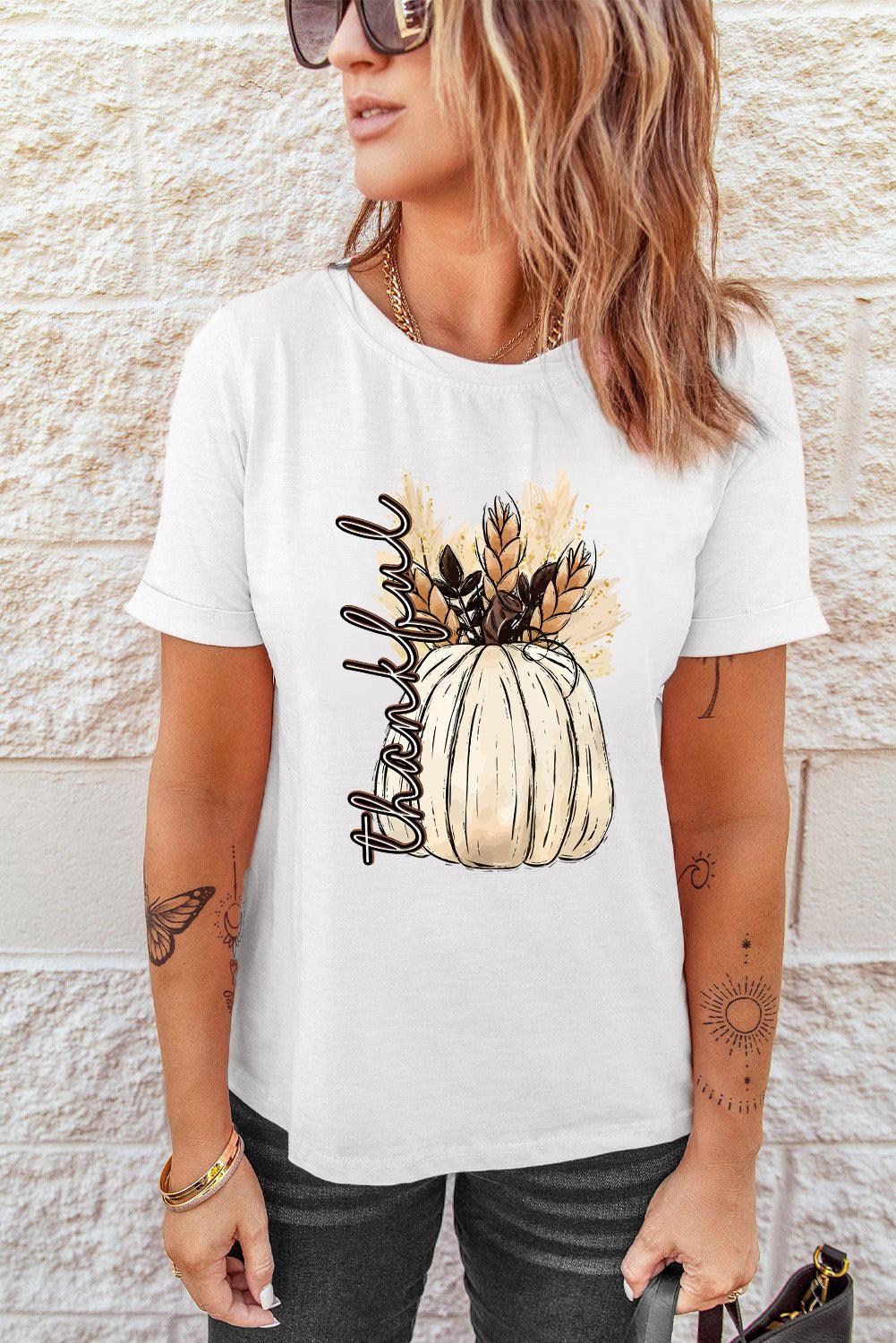 White Harvest Pumpkin Graphic Thanksgiving Tee - L & M Kee, LLC