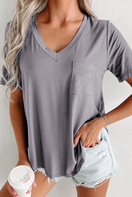 Medium Grey V Neck Pocketed Rounded Hem Tee - L & M Kee, LLC