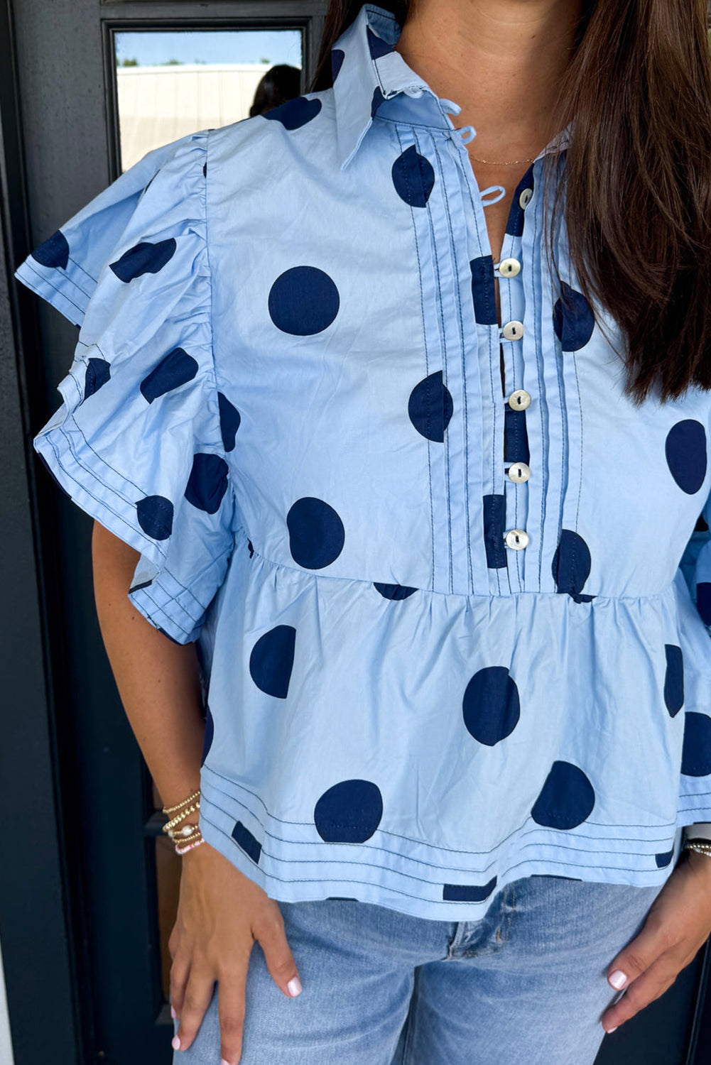 Sky Blue Polka Dot Print Ruffled Short Sleeve Buttoned Collared Blouse