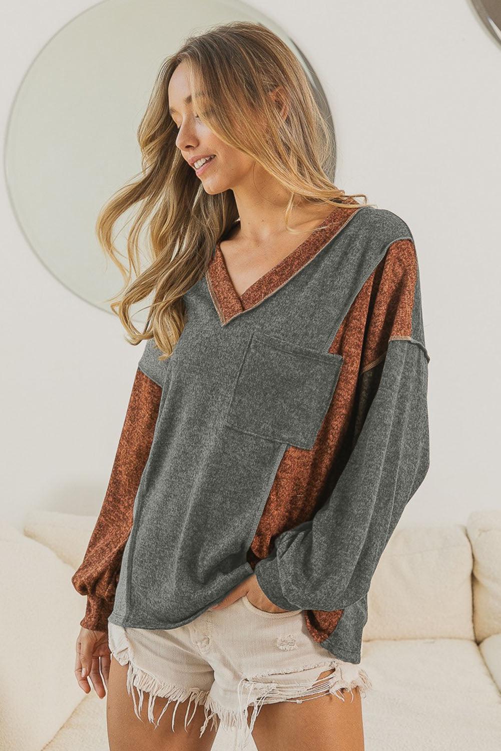 Brown V Neck Color Block Patchwork Loose Pullover - L & M Kee, LLC