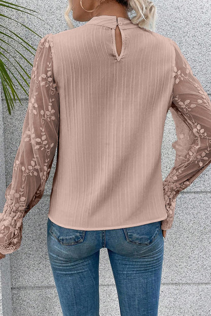 Apricot Pink Contrast Lace Sleeve Mock Neck Textured Blouse - L & M Kee, LLC