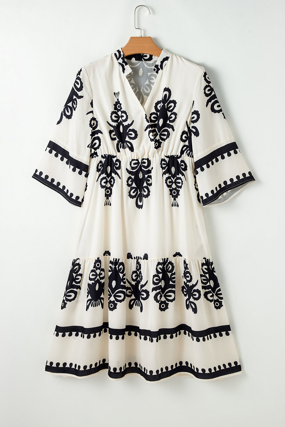 Beige Western Geometric Print 3/4 Sleeve Loose Midi Dress