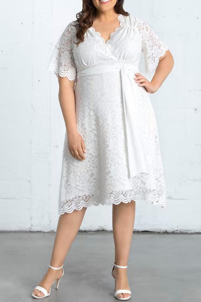 Scalloped Lace Wrap V Neck Plus Size Dress - L & M Kee, LLC