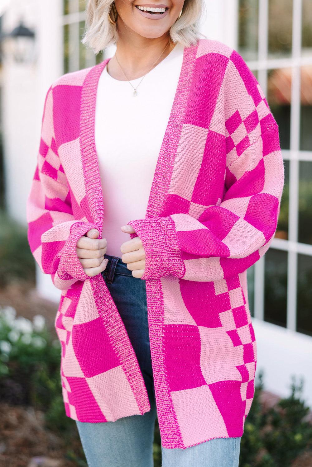 Rose Red Checkered Printed Ribbed Trim Open Front Cardigan - L & M Kee, LLC