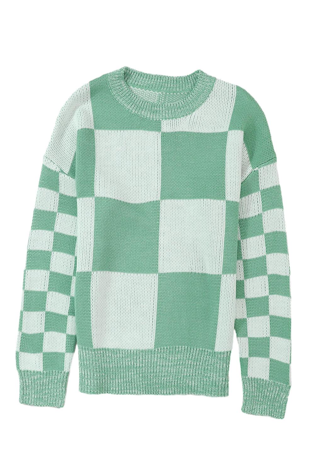 Mint Green Checkered Print Drop Shoulder Sweater - L & M Kee, LLC