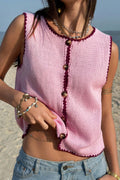 Pink Contrast Trim Buttoned Front Sweater Vest