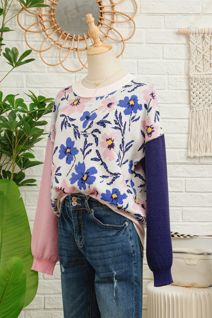 Khaki Floral Panel Colorblock Sleeve Patchwork Sweater