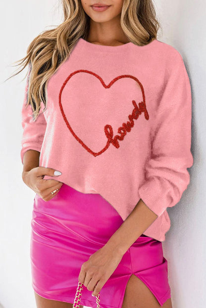 Pink Howdy Heart Graphic Round Neck Casual Sweater - L & M Kee, LLC