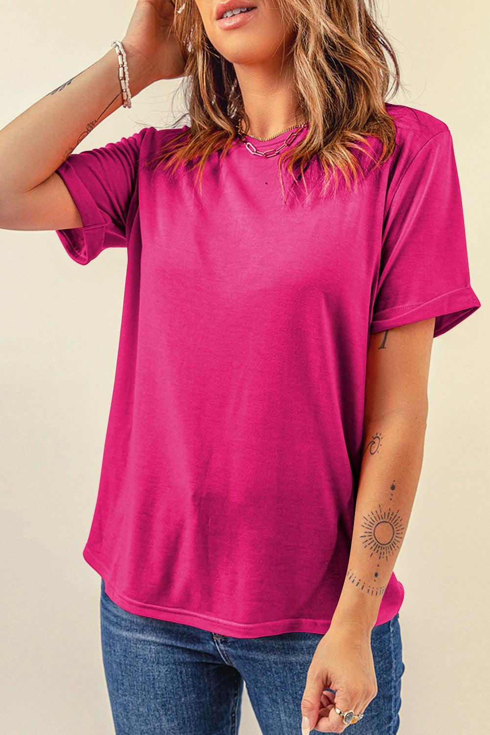 Rose Red Casual Plain Crew Neck Tee - L & M Kee, LLC