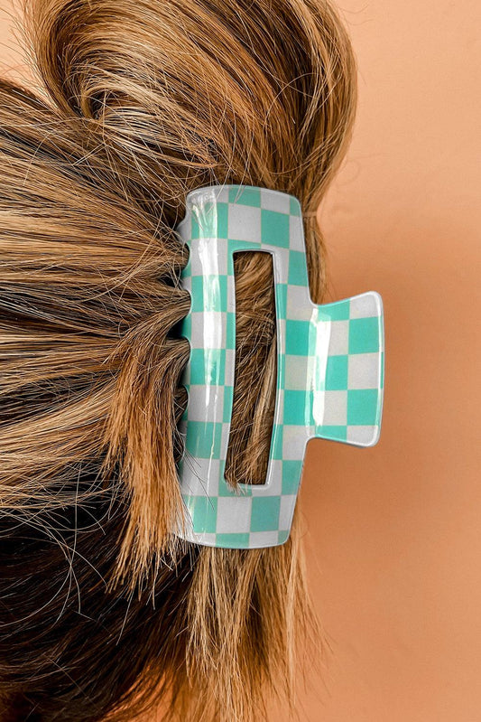 Sky Blue Checkered Print Hollow Out Hair Clip - L & M Kee, LLC