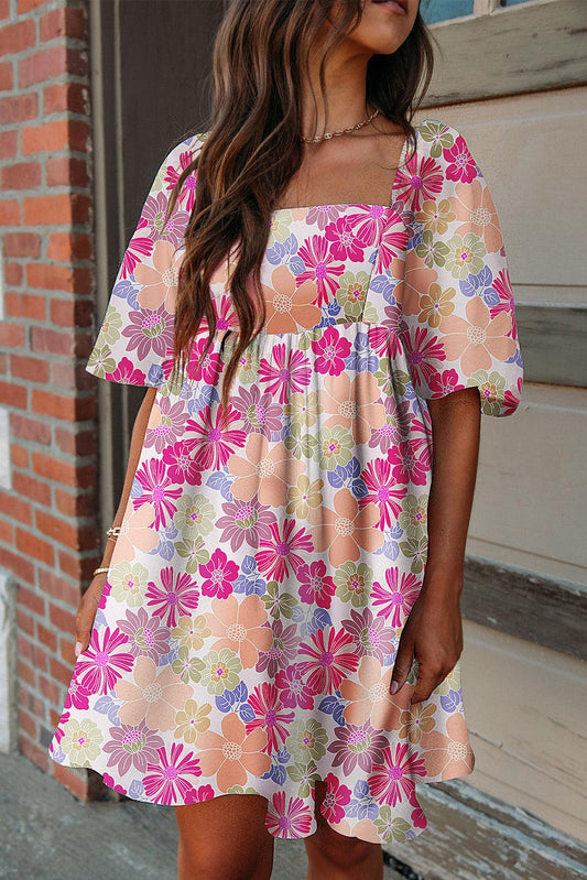 Rose Summer Floral Square Neck Puff Sleeve Babydoll Dress - L & M Kee, LLC