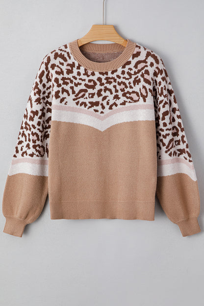 Straw Yellow Leopard Color Block Knit Round Neck Baggy Sweater