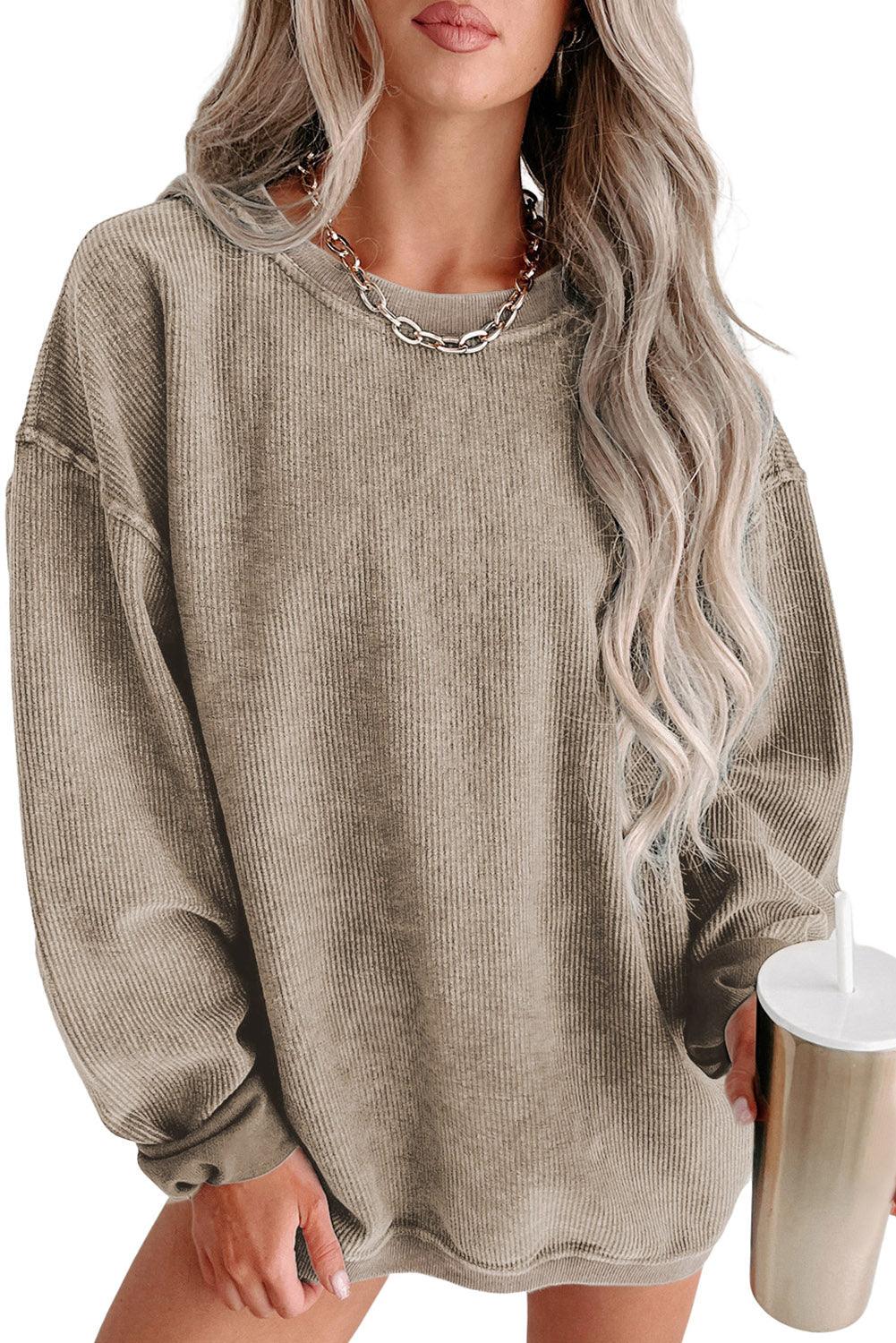 Gray Solid Ribbed Knit Round Neck Pullover Sweatshirt - L & M Kee, LLC