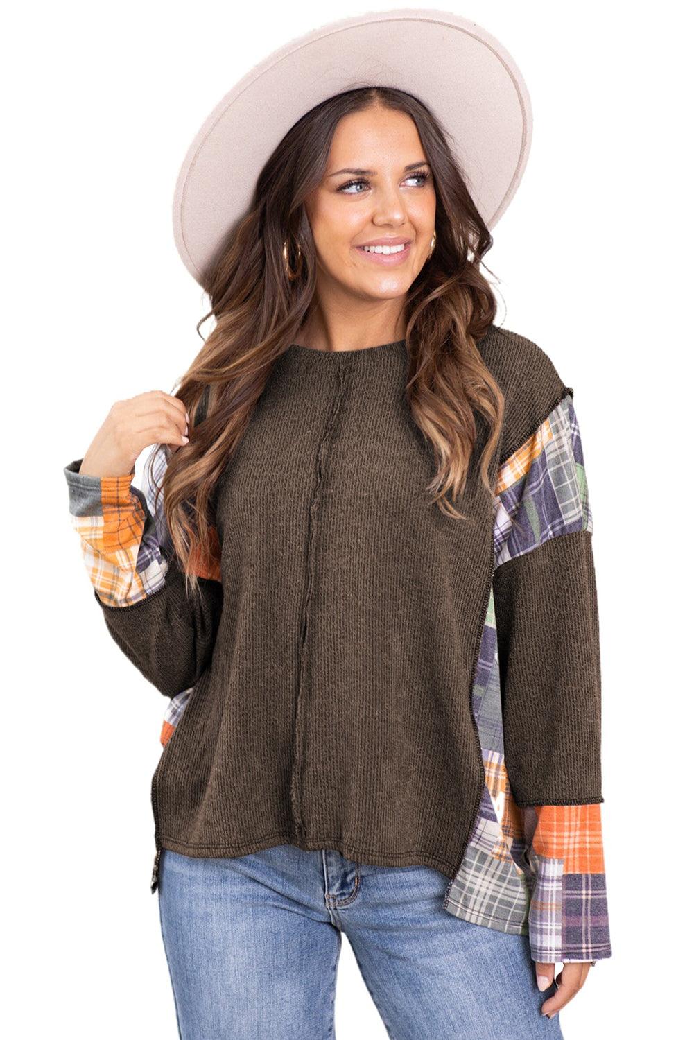 Dark Brown Plaid Patchwork Exposed Seam Knit Top - L & M Kee, LLC