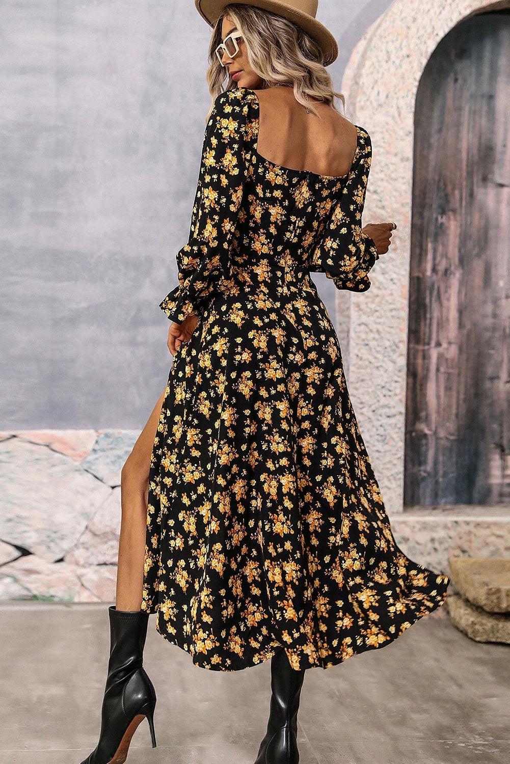 Black Floral Tie Square Neck Puff Sleeve Slit Dress - L & M Kee, LLC