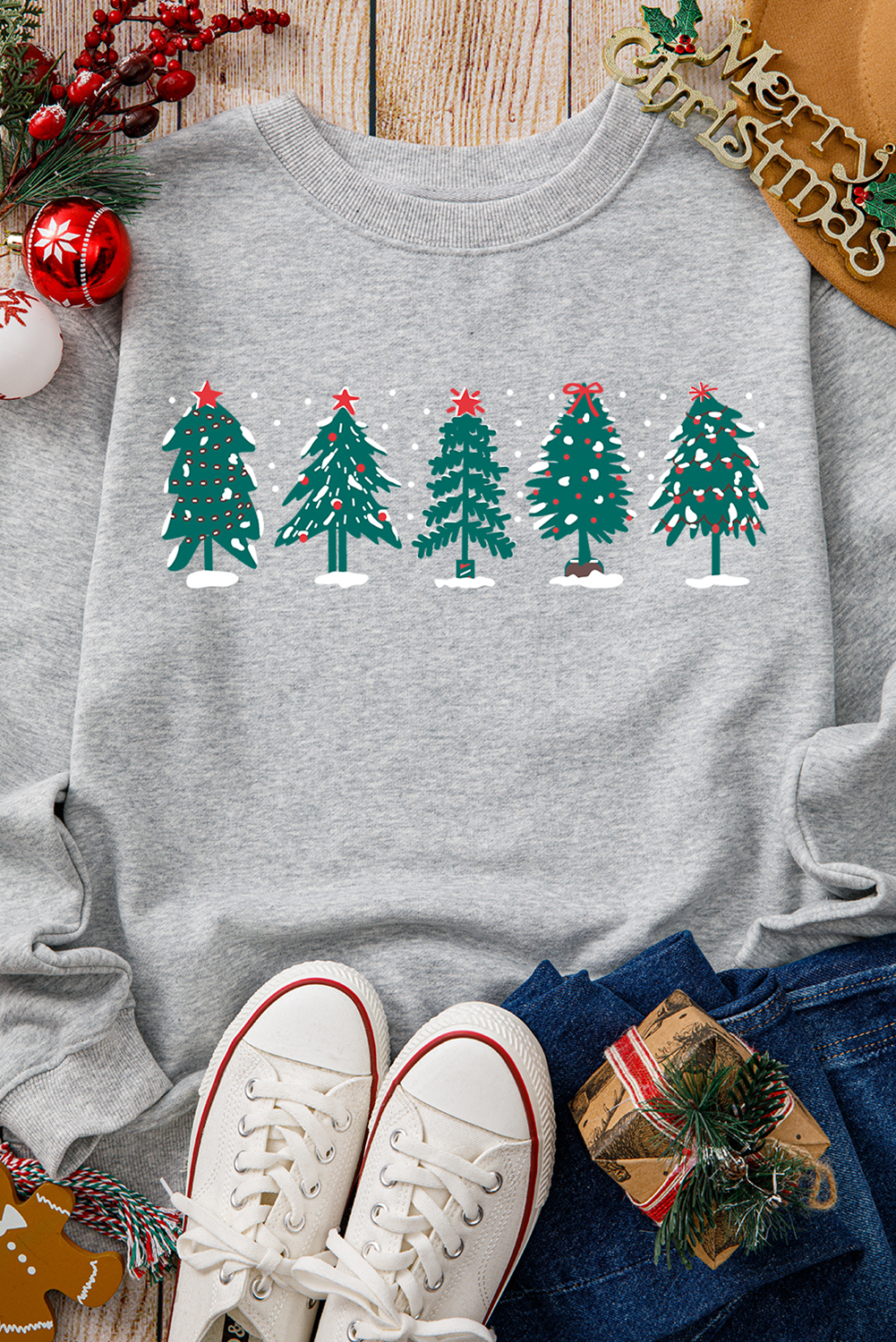 Gray 2-side Printed Christmas Tree Letter Graphic Sweatshirt