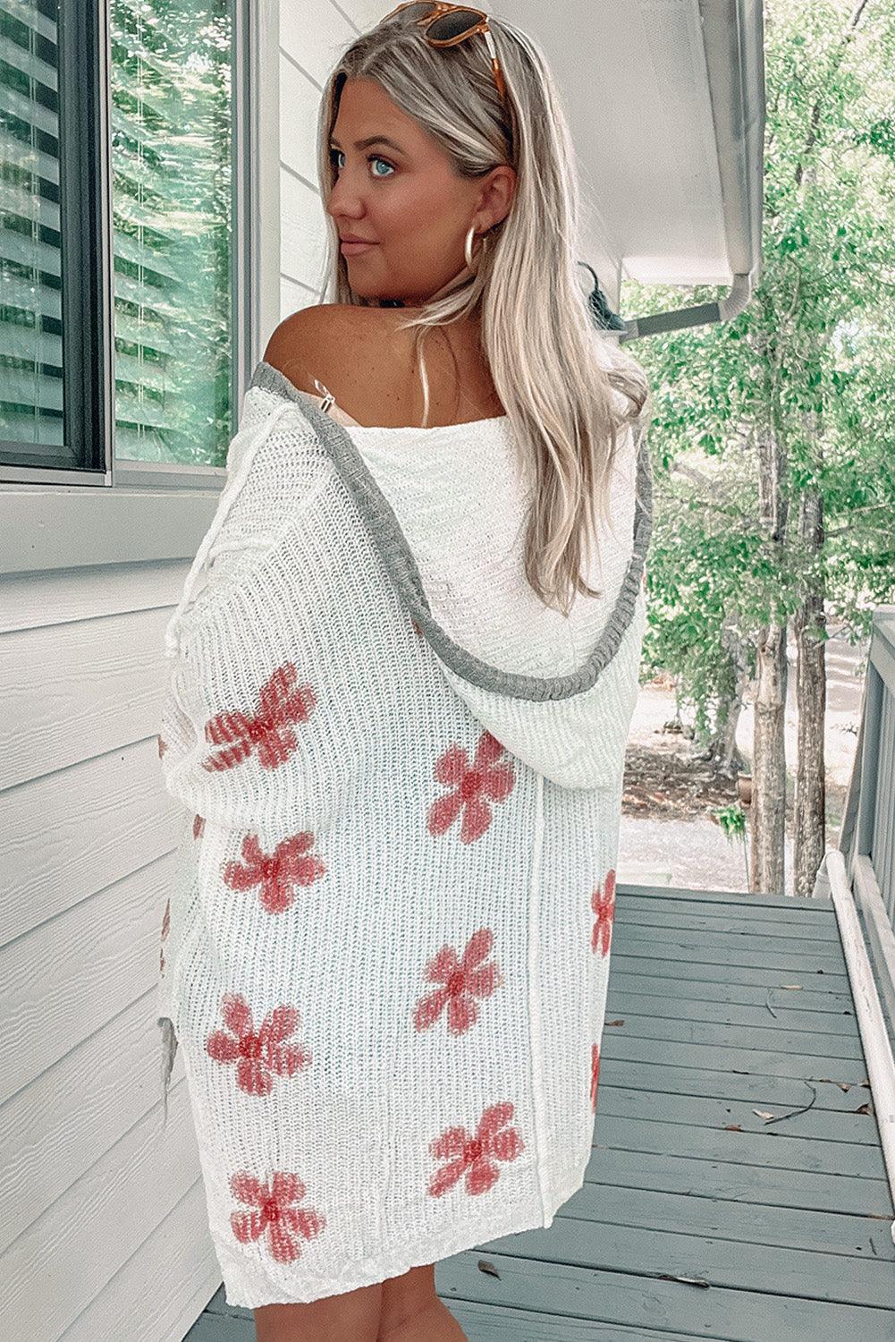 White Floral Print Lightweight Knit Hooded Sweater - L & M Kee, LLC