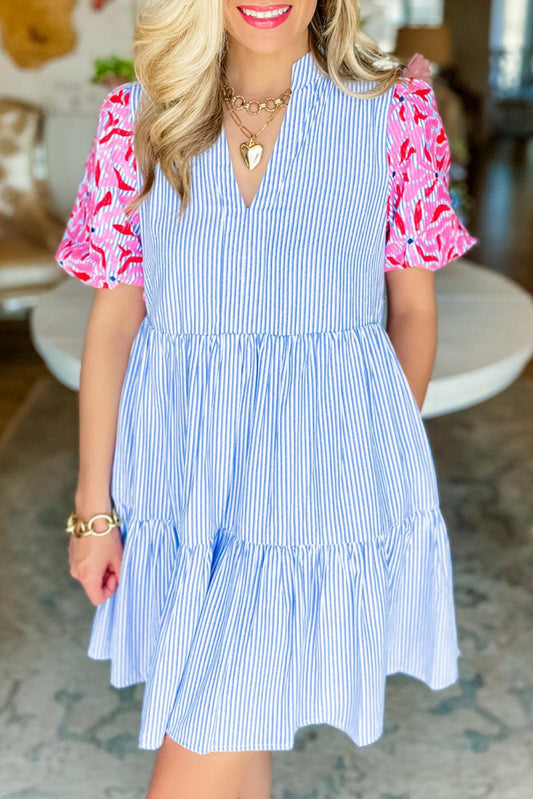 Sky Blue Stripe Contrast Floral Puff Sleeve Tiered Ruffle Dress - L & M Kee, LLC