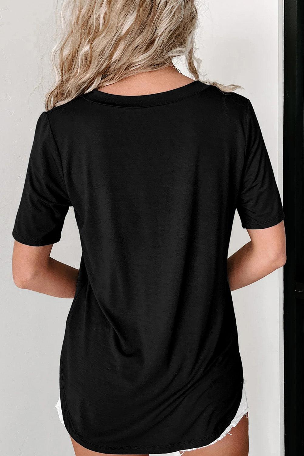 Black Sequined Flower Pocketed V Neck T Shirt - L & M Kee, LLC