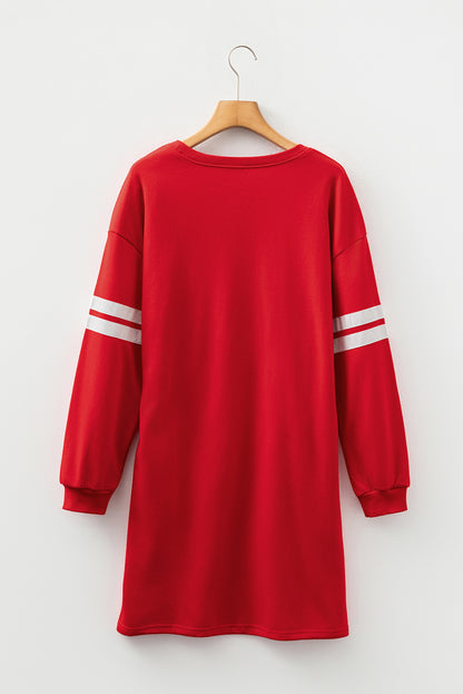 Fiery Red Varsity Contrast Banded Sleeve Shift Sweatshirt Dress