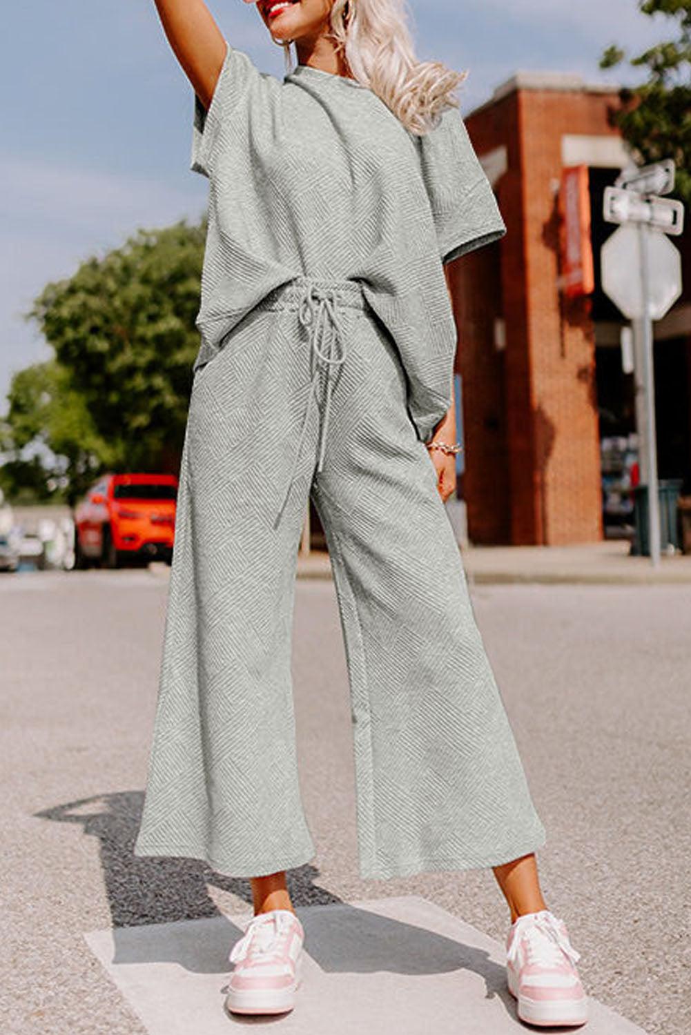 Gray Textured Loose Fit T Shirt and Drawstring Pants Set - L & M Kee, LLC