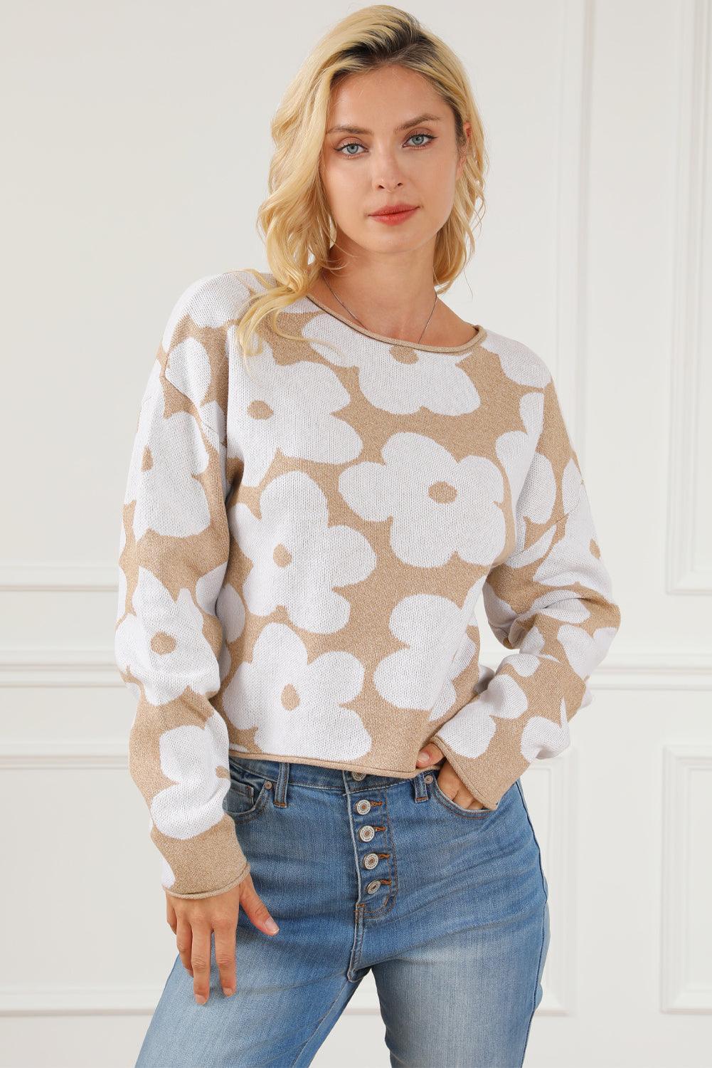 Light French Beige Flower Pattern Cropped Sweater - L & M Kee, LLC