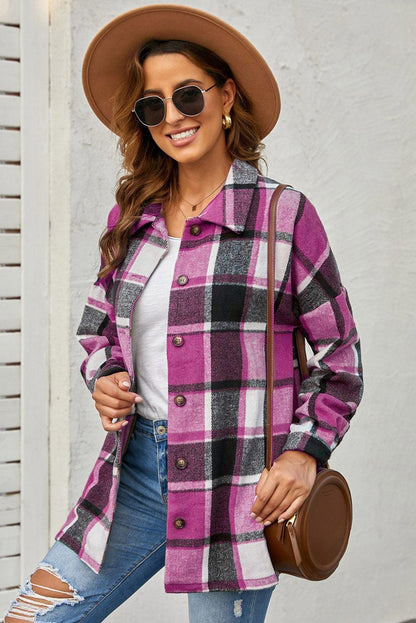 Rose Plaid Print Buttoned Shirt Jacket - L & M Kee, LLC