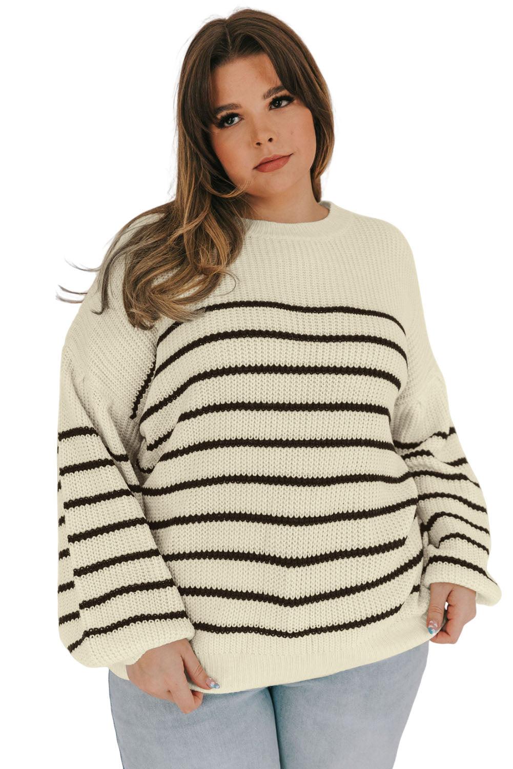 Khaki Plus Size Striped Drop Shoulder Puff Sleeve Sweater - L & M Kee, LLC