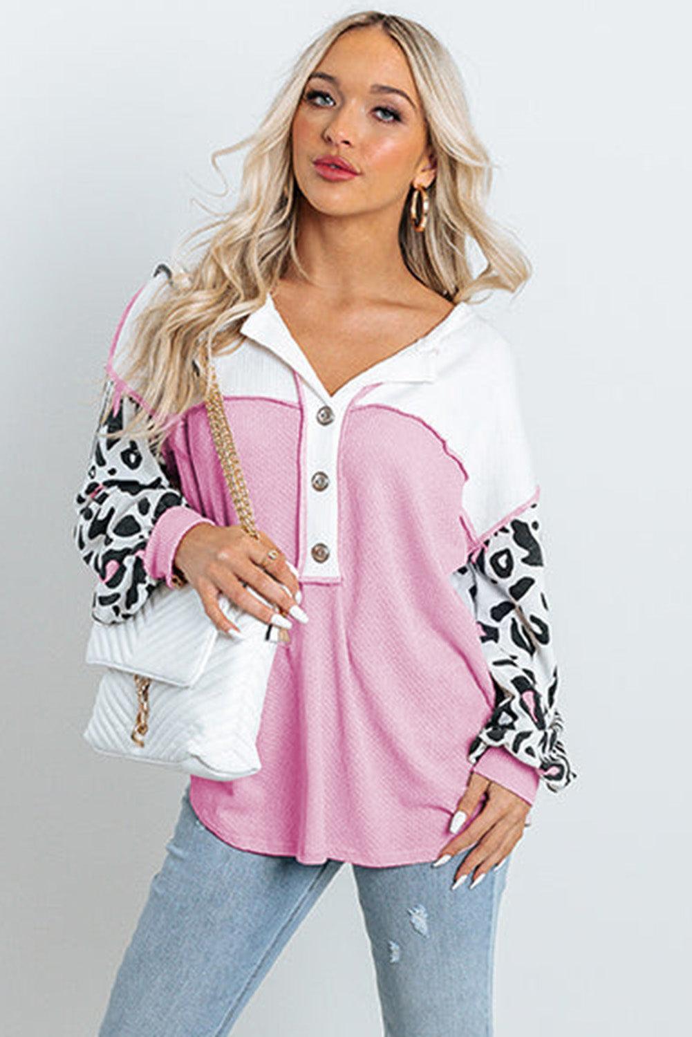 Pink Leopard Sleeve Patchwork Waffle Knit Top - L & M Kee, LLC