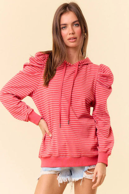Red Stripe Puff Sleeve Stripe Hoodie