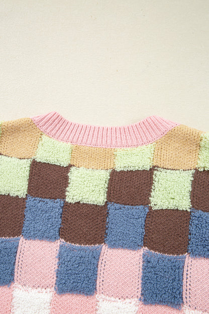 Multicolour Plush Checkered Pattern Button Front Cardigan Sweater