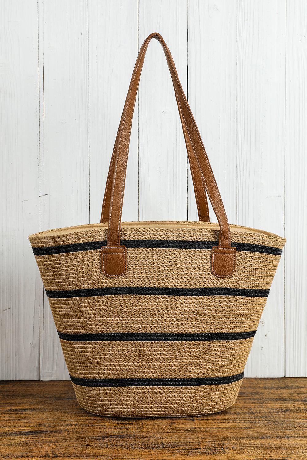 Black Straw Woven Striped Vacation One Shoulder Bag