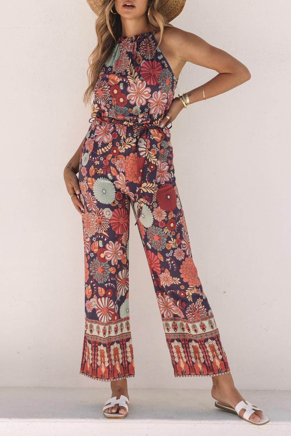 Purple Floral Print Frill Halterneck Wide Leg Jumpsuit - L & M Kee, LLC