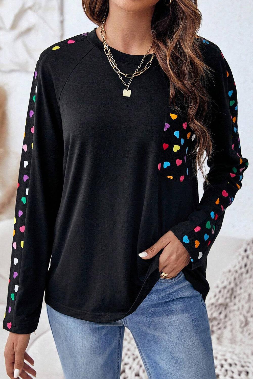 Black Valentine\'s Day Love Hearts Raglan Sleeve Top - L & M Kee, LLC