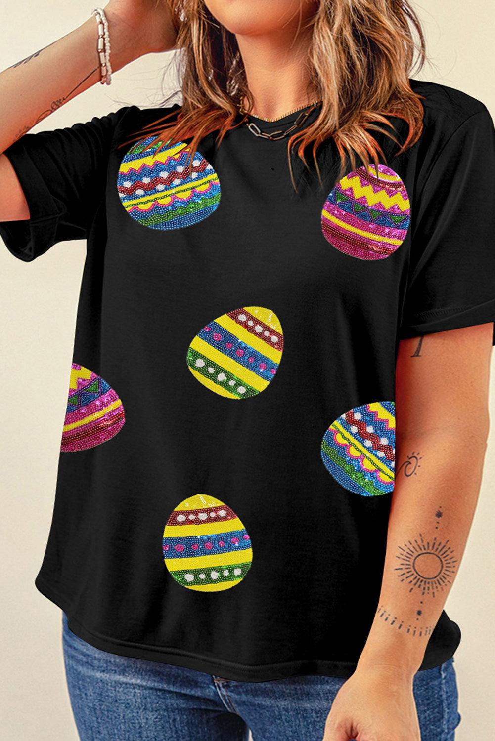 Black Sequin Easter Egg Graphic Plus Size T Shirt